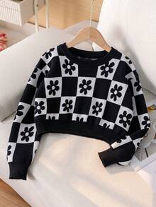 Sweater Rajut Pendek Motif Bunga Gaya Preppy untuk Anak Perempuan, Pullover Kotak-kotak, Cocok untuk Sekolah, Musim Semi, Musim Gugur dan Musim Dingin - Hitam - View 1