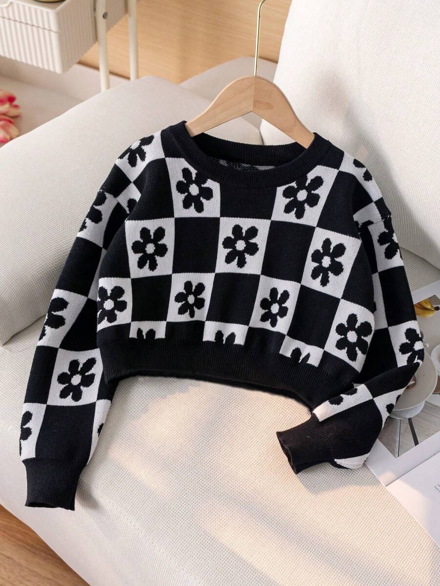 Sweater Rajut Pendek Motif Bunga Gaya Preppy untuk Anak Perempuan, Pullover Kotak-kotak, Cocok untuk Sekolah, Musim Semi, Musim Gugur dan Musim Dingin - Hitam - View 1