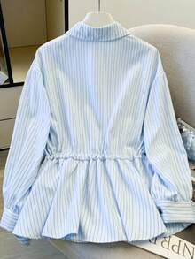 Women's Autumn Striped Front Button Drawstring Ruffle Office Blouse - Baby Blue - View 3