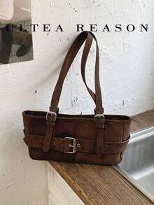 1pc Solid Color Suede Shoulder Bag, Women's Vintage Casual Underarm Bag, Zipper Closure, Adjustable Shoulder Strap, Suitable For Daily Commute Use - Coffee - View 3