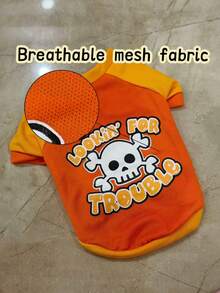 Pet Halloween Funny T-Shirt Orange & Yellow Color Block Dog Raglan Tee Dog Mesh T-Shirt Skull Print Small Dog Pomeranian Teddy Spring Summer Top Bichon Teddy Pomeranian Teddy Spring Summer Skull Print Top - Coral Orange - View 9