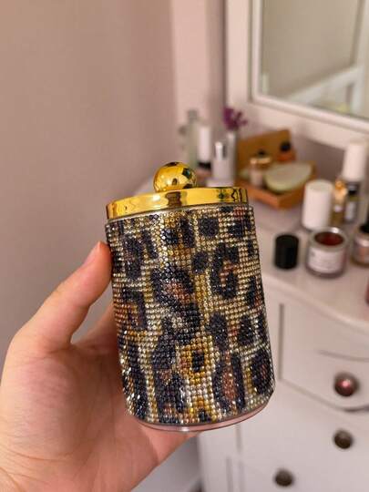 Luxury Leopard Print Acrylic Bathroom Storage Canister, Gold Lid Transparent Storage Box With Bamboo Base, Vanity Organizer