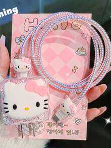 SANRIO 4-Piece Set Of Pink Cute Cat Glitter Pink Fashionable Charger Protective Case, Data Cable Protective Case Set Suitable For Phone 20w Charging Head, Suitable For 13/14/15 Charger Case Set - Multicolor - View 2