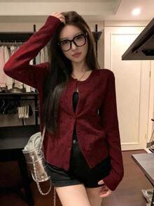 秋冬復古波點圓領女款單排扣鬆弛顯瘦休閒針織開襟外套 - 酒紅色 - 查看 1