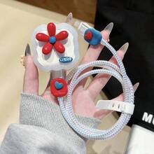 5pcs/Set Compatible With UK 20W Cable Protector Red & Blue Floral Accessories TPU Material Anti-Fall Anti-Scratch Laser White Data Cable Wrap Rope Anti-Break - Red Flowers - View 6
