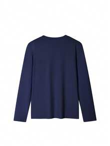 1Pc Women Solid Crew Neck Fitted Long Sleeve Tee,High-Stretch Slim Basic Top For Layering Daily Commute Wear - Navy Blue - View 3