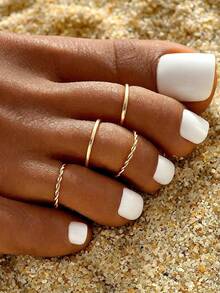 4pcs Fashion Minimalist Plain & Twisted Toe Ring Set For Women, Suitable For Beach Vacation, Party Gathering, Summer Outings - Gold - View 3