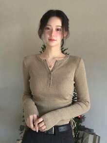 Atasan Rajut Wanita Model Slim Fit Leher Bulat Lengan Panjang Warna Polos, Gaya Kampus, Musim Semi/Gugur - Khaki - View 2
