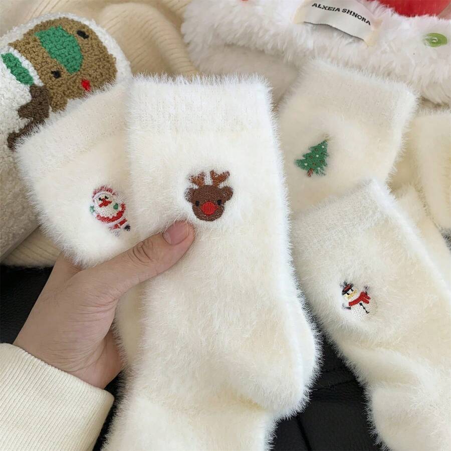 1/3/5 Pairs Women's Christmas Socks, White Plush Embroidered Holiday Socks, Thick Warm Plush Material, Hand Washable Holiday Socks - Multicolor - View 1