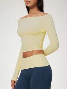 NcmRyu Women's 1pc Solid Color Off-Shoulder Base Layer Top, Fashionable Versatile Slim Fit Soft Stretchy Athletic Top, Autumn/Winter - Yellow - View 6