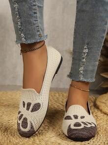 Beige Round Toe Butterfly Pattern Knitted Soft Surface Women's Flat Loafers, Autumn New Classic Casual Shallow Backless Slip-On Breathable Mesh Fabric Shoes, Versatile Commuter Loafers - Beige - View 4