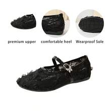 Black 3D Floral Lace Mary Jane Flat Shoes,Sheer Mesh Upper,Rhinestone‑Butterfly Buckle,Single Strap,Round Toe,Gentle Women Flat Shoes For Daily - Black - View 3