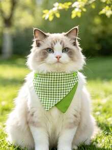 1pc Pet Cat Dog Double Layer Triangle Bandana Collar, Adjustable Green White Plaid Pet Scarf, Fresh Pastoral Style Double-Sided Design, Suitable For Cats, Teddy, Small Dogs, Photo Decoration Accessory - Multicolor - View 15