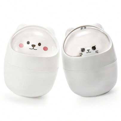 1pc Desktop Mini Trash Can With Swing Lid, Cute Bear Plastic Garbage Bin, Tabletop Waste Storage Bucket, Suitable For Home, Office, Kitchen, Vanity, Bedroom, Grey And White