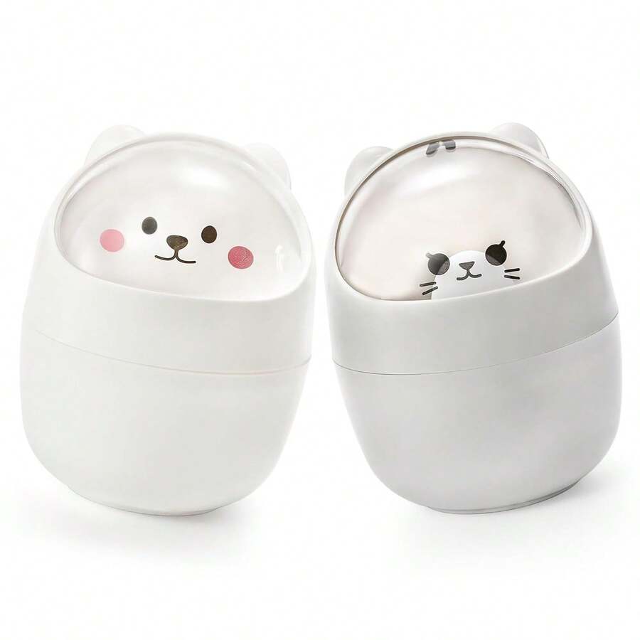 1pc Desktop Mini Trash Can With Swing Lid, Cute Bear Plastic Garbage Bin, Tabletop Waste Storage Bucket, Suitable For Home, Office, Kitchen, Vanity, Bedroom, Grey And White - A - View 1