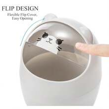 1pc Desktop Mini Trash Can With Swing Lid, Cute Bear Plastic Garbage Bin, Tabletop Waste Storage Bucket, Suitable For Home, Office, Kitchen, Vanity, Bedroom, Grey And White - A - View 4