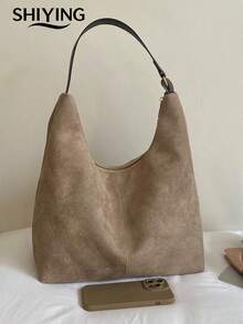 1pc Solid Color Suede New Women's Backpack, Shoulder Bag, Fashionable Large Capacity Crescent Bag, Zipper Closure, Suitable For Commuting, Shopping, Dating, Shopping - Multicolor - View 12