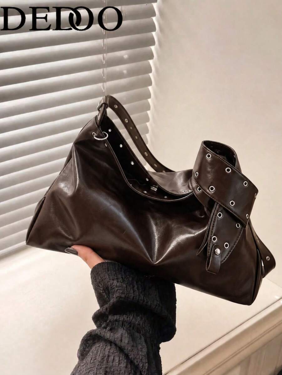 Dedoo Women's Tote Hobo Bag, Solid Color Soft PU Leather, Rivet Hole Wide Strap, Large Capacity, Cool Motorcycle Style, Autumn/Winter Daily Commute