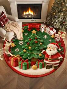 Round Burgundy Christmas Tufted Rug Checkered Border Snowman Gingerbread Gift Candy Cane Plush Rug - Multicolor - View 1