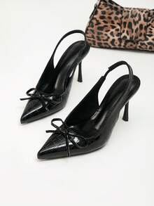 Women Black Embossed Patent Pointed‑Toe Slingback Pumps, Front Bow Decor Thin Stiletto High Heel Dress Shoes - Black - View 2