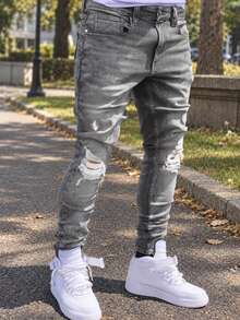 Celana Jeans Denim Abu-abu Lusuh Gaya Eropa-Amerika untuk Pria - Dark Grey - View 1