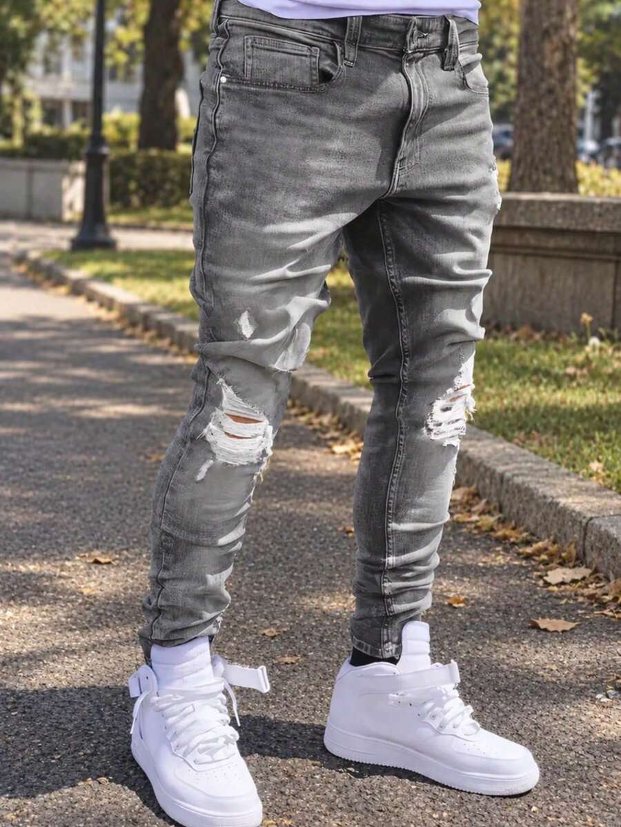 Celana Jeans Denim Abu-abu Lusuh Gaya Eropa-Amerika untuk Pria - Dark Grey - View 1