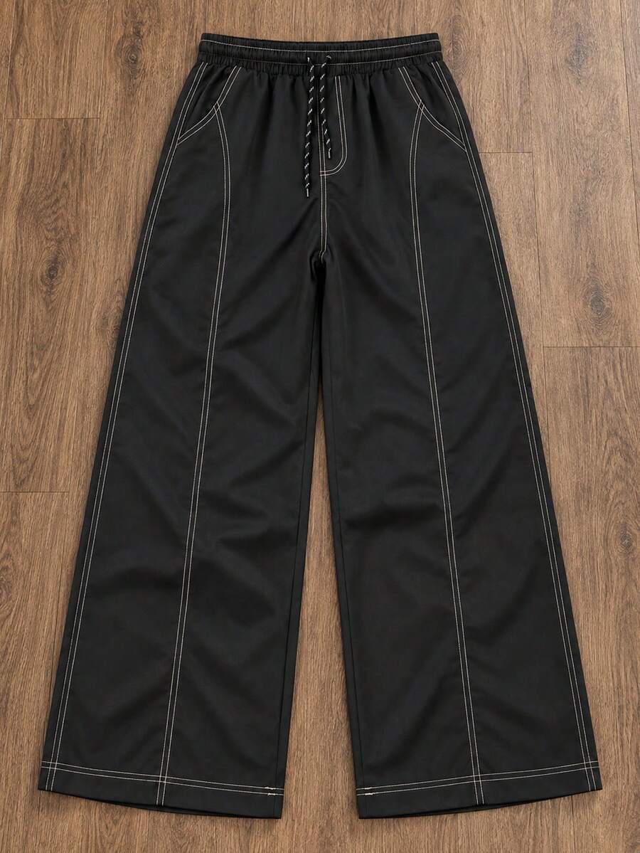 Men's Daily Wide Leg Pants, Geometric Stitch Design, Loose Fit, Autumn/Winter Sports Casual Streetwear - Black - View 1