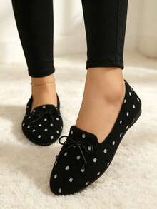 Maillard Black Polka Dot Bow Shallow Loafers, Fuzzy Round Toe Flat Slip-On Shoes, Soft Sole Daily Commute Shoes - Black - View 4