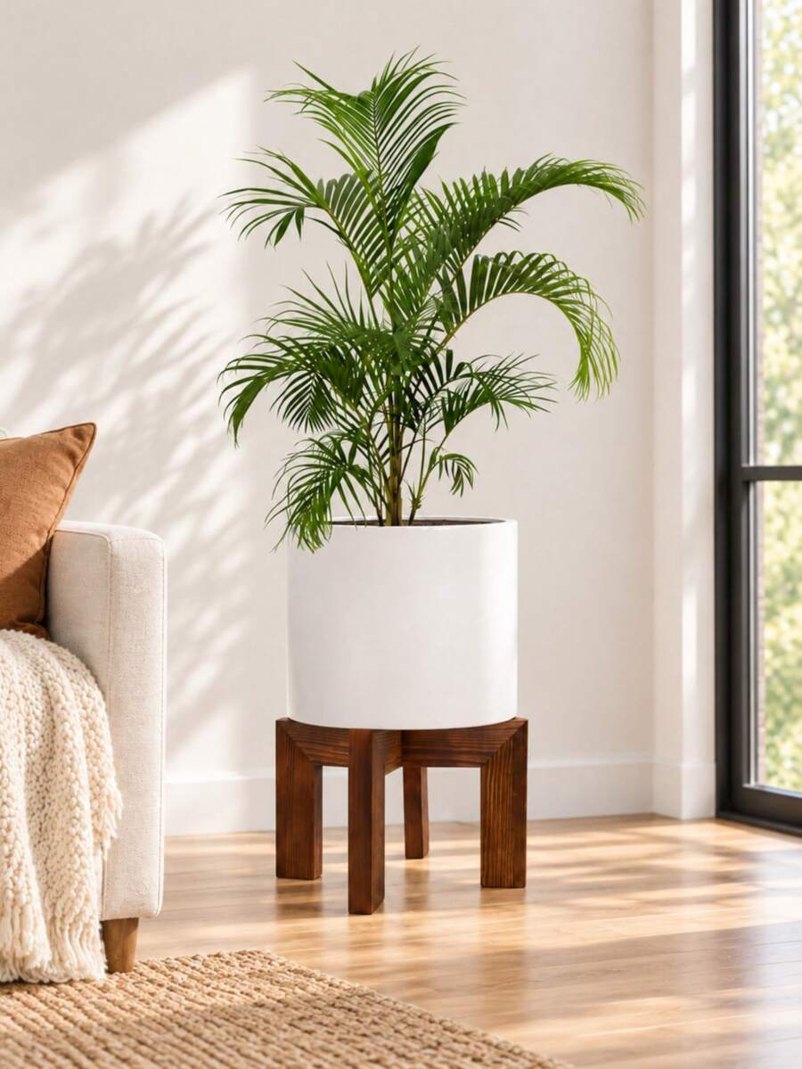 Wooden Plant Stand, Mid-Century Modern Style Flower Pot Holder, Woven Rattan Flower Pot Stand, Indoor Low Plant Stand - Bohemian Rustic Style Wooden Flower Pot Stool - Multicolor - View 1