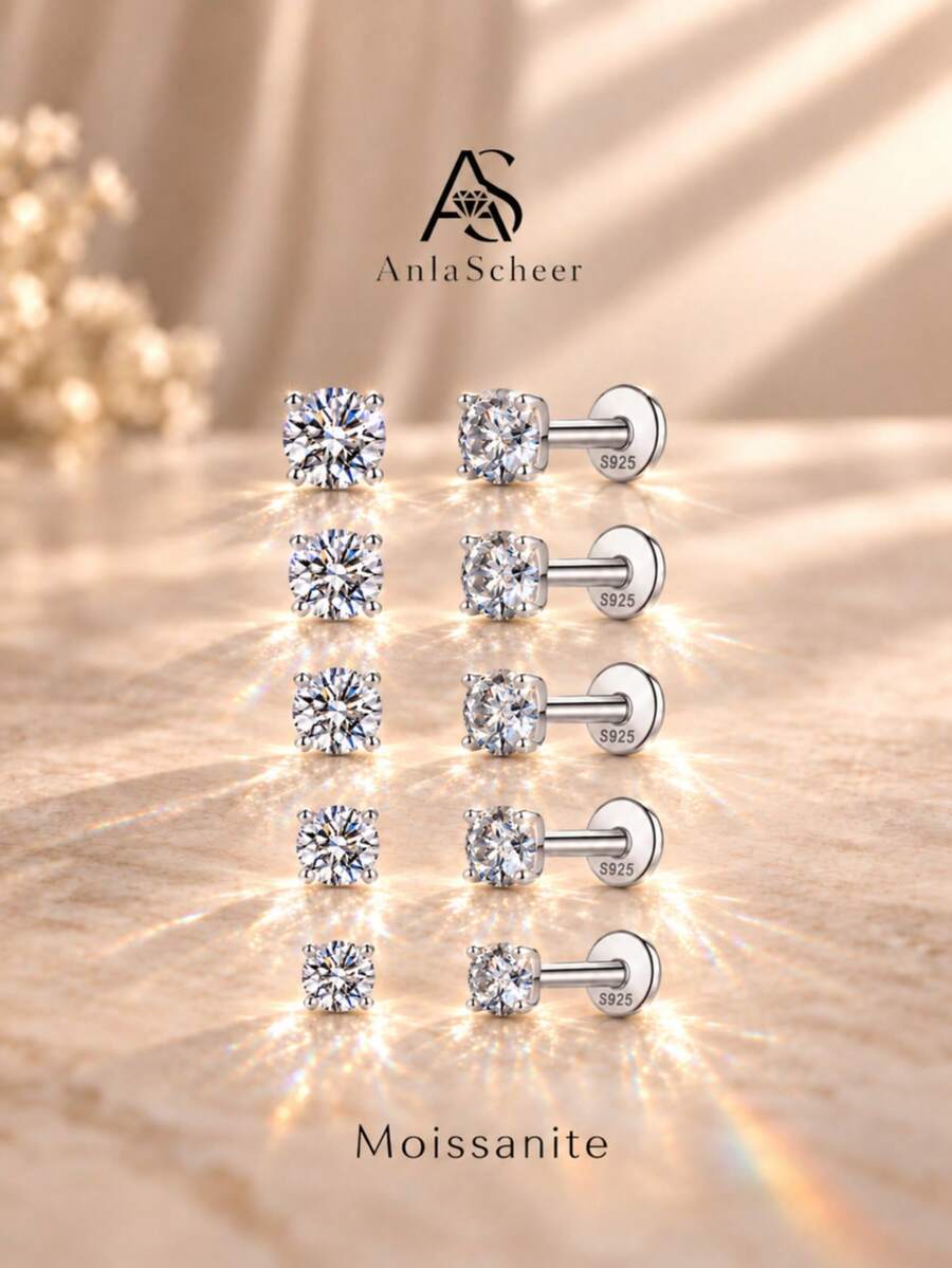 AnlaScheer 1件 0.03-1.2ct 莫桑石 925純銀 4爪平背螺旋軟骨穿刺耳環，女款訂婚婚禮新娘珠寶