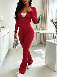 Setelan 2 Potong Wanita Terlaris Musim Semi/Gugur, Jaket Resleting Slim Fit Warna Polos & Celana Panjang, Kain Poliester Ringan untuk Kebugaran dan Yoga - Merah 59 - View 4