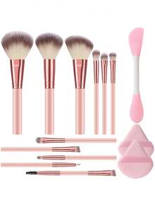 14pcs Makeup Brush Set, 11 Pink Skin-Tone Flat Head Makeup Brushes, 2 Makeup Sponges, 1 Face Mask Brush, Full Set For Foundation, Base Makeup And Mask Application - Multicolor - View 12