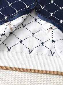2pcs Set: 1pc Elegant Colorblock Striped Letter Sweater With Faux Pockets Knit Cardigan And 1pc Colorblock Letter Knit Skirt, Suitable For Daily Wear, Vacation, Spring, Autumn, Winter - Navy Blue - View 7