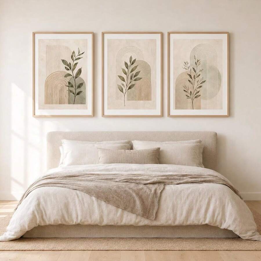 1pc/3pcs Sage Green Botanical Wall Art, Neutral Japandi Arch Prints, Minimal Abstract Botanical Wall Art Poster, Scandinavian Line Geometry Art Prints, Sage Green Modern Neutral Wall Decor, Framed/Frameless - Abstract - View 1
