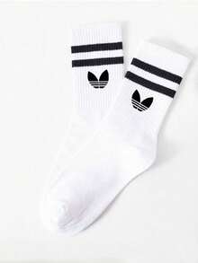 1/5 Pairs, Unisex, White Striped Mid-Calf Sports Socks, Casual, Minimalist, Comfortable, Suitable For Daily Wear, With Collegiate Style - White - View 7