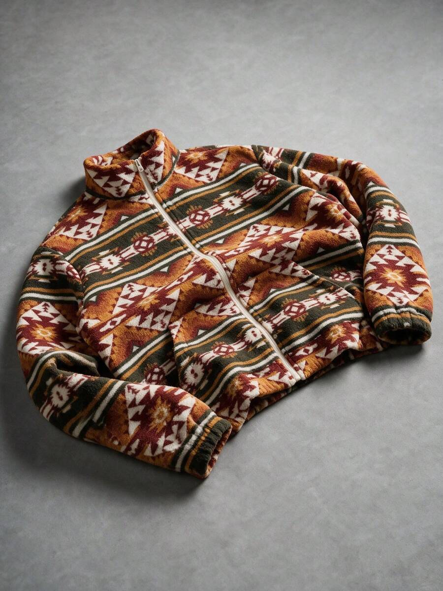 GOLDREDY Men's Autumn/Winter Vintage Geometric Pattern Warm Full Zip-Up Stand Collar Pocket Sweatshirt - Orange - View 1