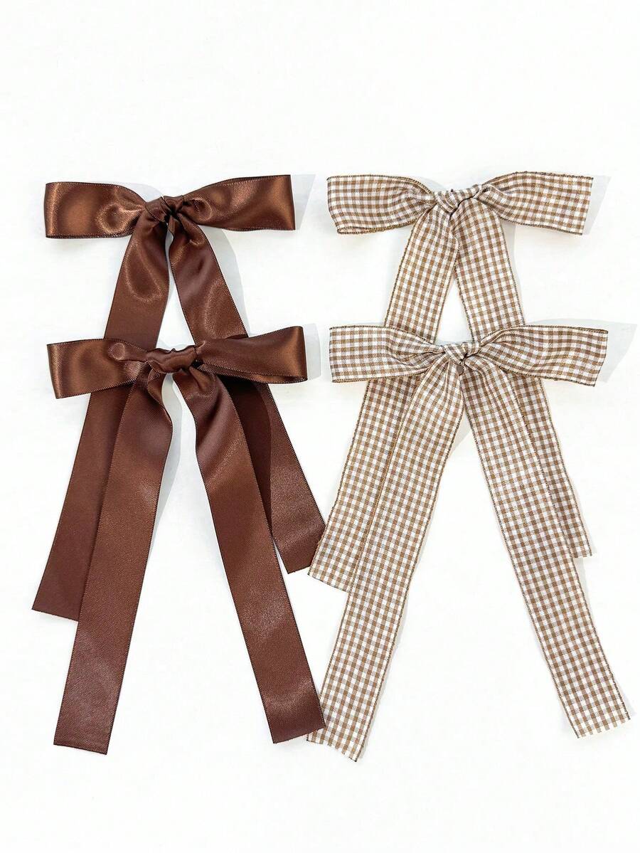 4pcs/Set Women's Solid Color Satin Striped Plaid Ribbon Bow Hair Clips, Minimalist Style, Suitable For Daily Wear And Outings - Multicolor - View 1