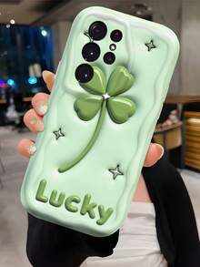 Creamy Dopamine Wave Ruffle Soft TPU Texture Green Creative Lucky Four-Leaf Clover Pattern Phone Case Compatible With Galaxy S21 S22 S23 S24 S25 S26/Honor/ And Other Models - White - View 3