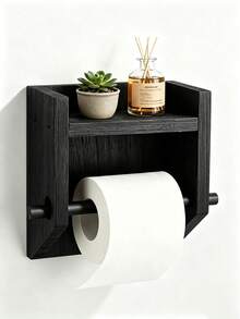 Toilet Paper Holder With Storage Shelf And Phone Holder, Easy Install Wall-Mounted Wooden Toilet Paper Holder, Farmhouse Rustic Style - One Size Fits All - View 5