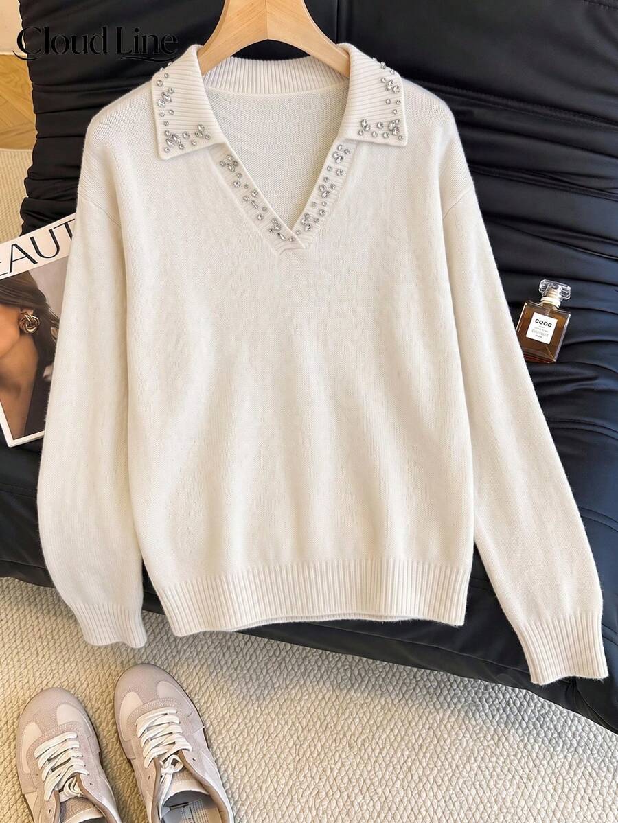 Plus Size Women's Rhinestone Lapel V-Neck Sweater, Long Sleeve Loose Fit Slimming Knit Pullover, Autumn/Winter Commute Casual Warm Top - Beige - View 1