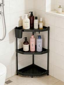 1pc Rust-Proof Triangle Bathroom Shelf, 2/3 Tier Bathroom Storage Rack, Shampoo Organizer, Bathroom Shelf, Kitchen Storage Rack, With Hooks For Hanging Bath Balls, Ding Shelf, Bathroom Accessories, Bathroom Storage, Bathroom Supplies - Black - View 3