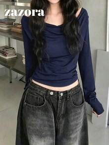 韓式修身露肩百搭長袖T恤上衣 秋季服飾 - 藏青色 - 查看 4