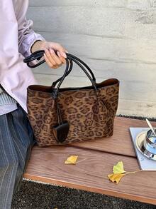 2 Pieces Women's Leopard Print Tote Bag Set, Large Capacity Casual Fashion Shoulder Bag, Street Style, Autumn/Winter, 2026 - Maroon - View 7