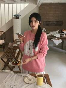 New Fashion Pink Sweet Style Cartoon Pattern Women's Loose Casual Sweater - Pink - View 5