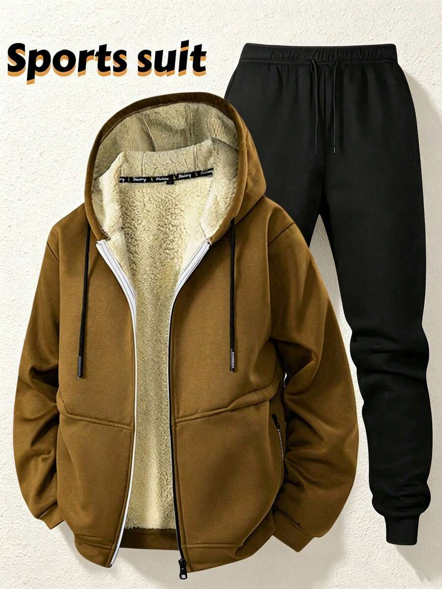 2 件套青少年男童新款运动休闲连帽衫套装,秋冬羊毛连帽衫 + 运动裤,时尚百搭保暖休闲装 - 彩色 - 查看 1