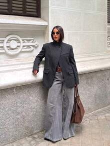 Women's Spring/Summer New Striped Asymmetric Blazer, Casual Retro Design High-End Elegant Jacket - Dark Grey - View 3