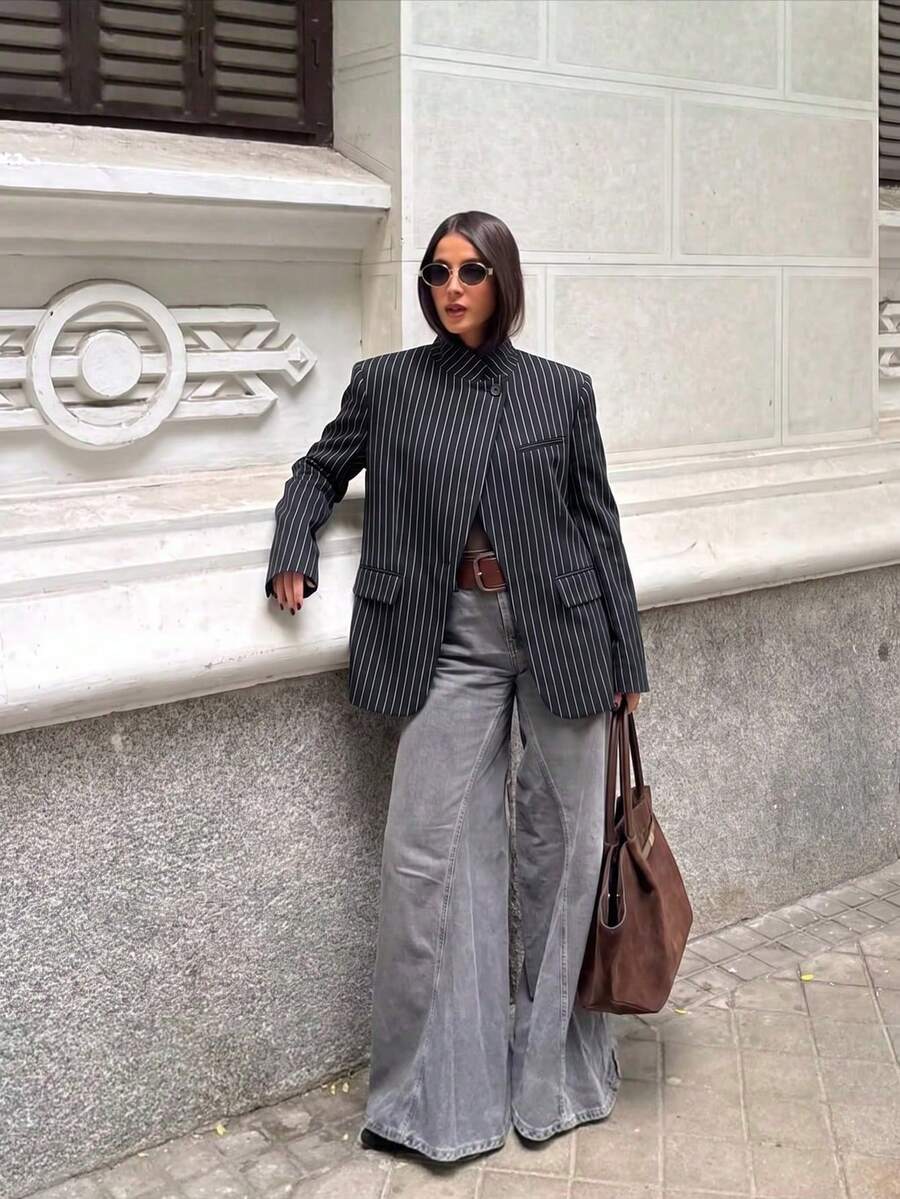 Women's Spring/Summer New Striped Asymmetric Blazer, Casual Retro Design High-End Elegant Jacket - Dark Grey - View 1