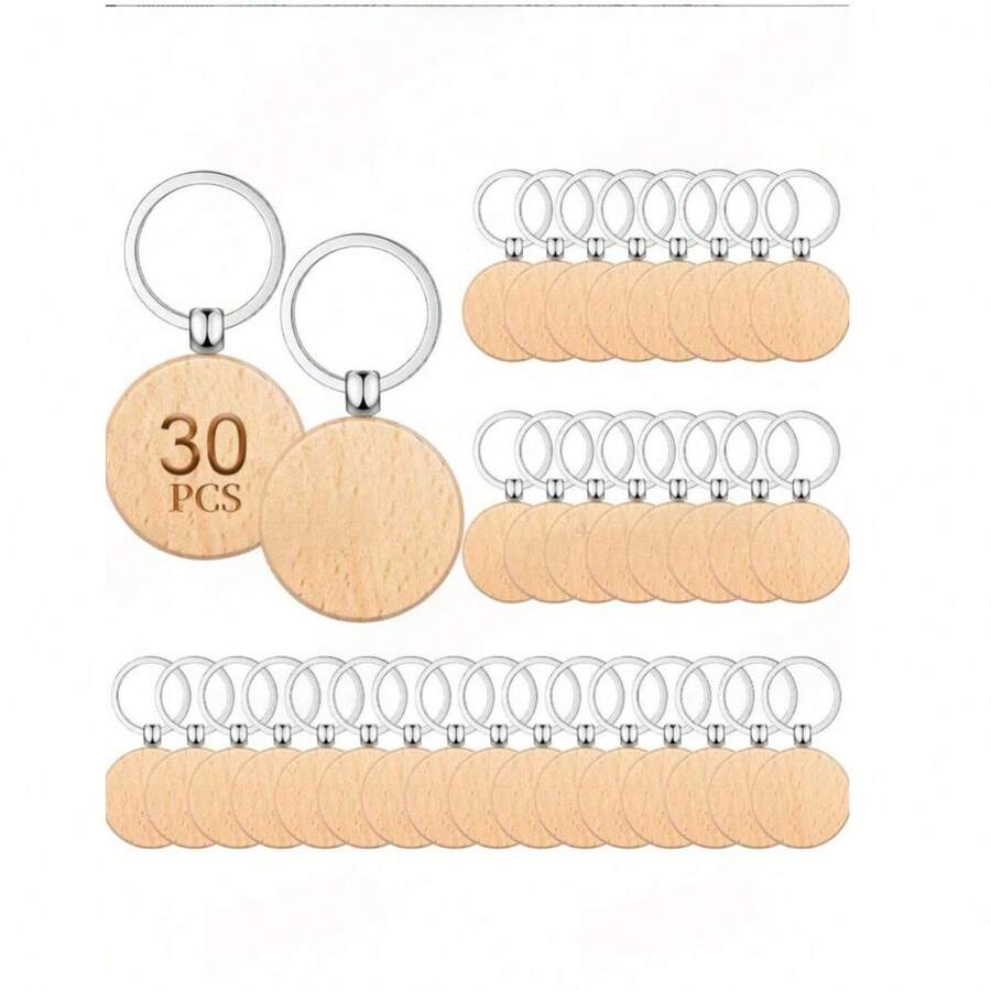 10pcs Wooden Round Keychain Tags Key Labels Rings Creative Small Gifts Handmade Crafts Wooden Keychains - Wood Color - View 1