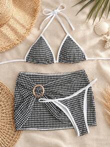 Bộ bikini 3 mảnh kẻ caro đen trắng cổ điển, thiết kế váy ôm sát cạp cao, mang đến cảm giác nghỉ dưỡng. - Nhiều màu - Xem 2