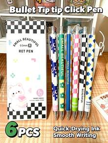 6pcs Checkerboard Color Block Click Neutral Pens, Bullet Tip Black Ink Click Pens, Highly Attractive Ins Style Back To School Stationery, Smooth Ballpoint Pens For Exams, Office And Study Supplies, Back To School Gift For Friends - Checkerboard Pattern - View 7